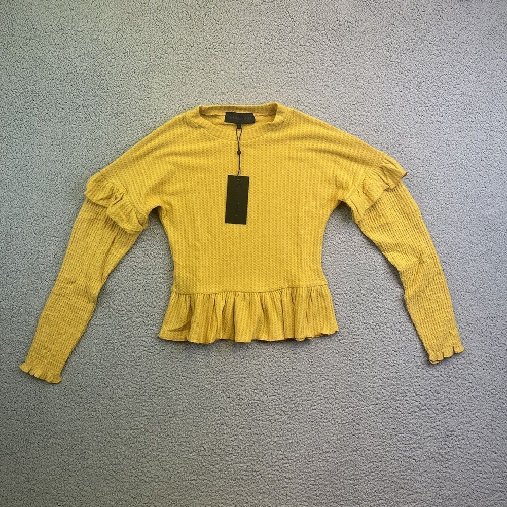 Kendall Kylie Womens Smocked Ruffle Shirt Marigold Long Sleeve Sz X Small NWT
